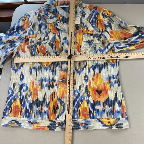Chicos Jacket 2 Linen Blend Southwestern Aztec Trucker Art to Wear Colorful M L - Picture 8 of 14